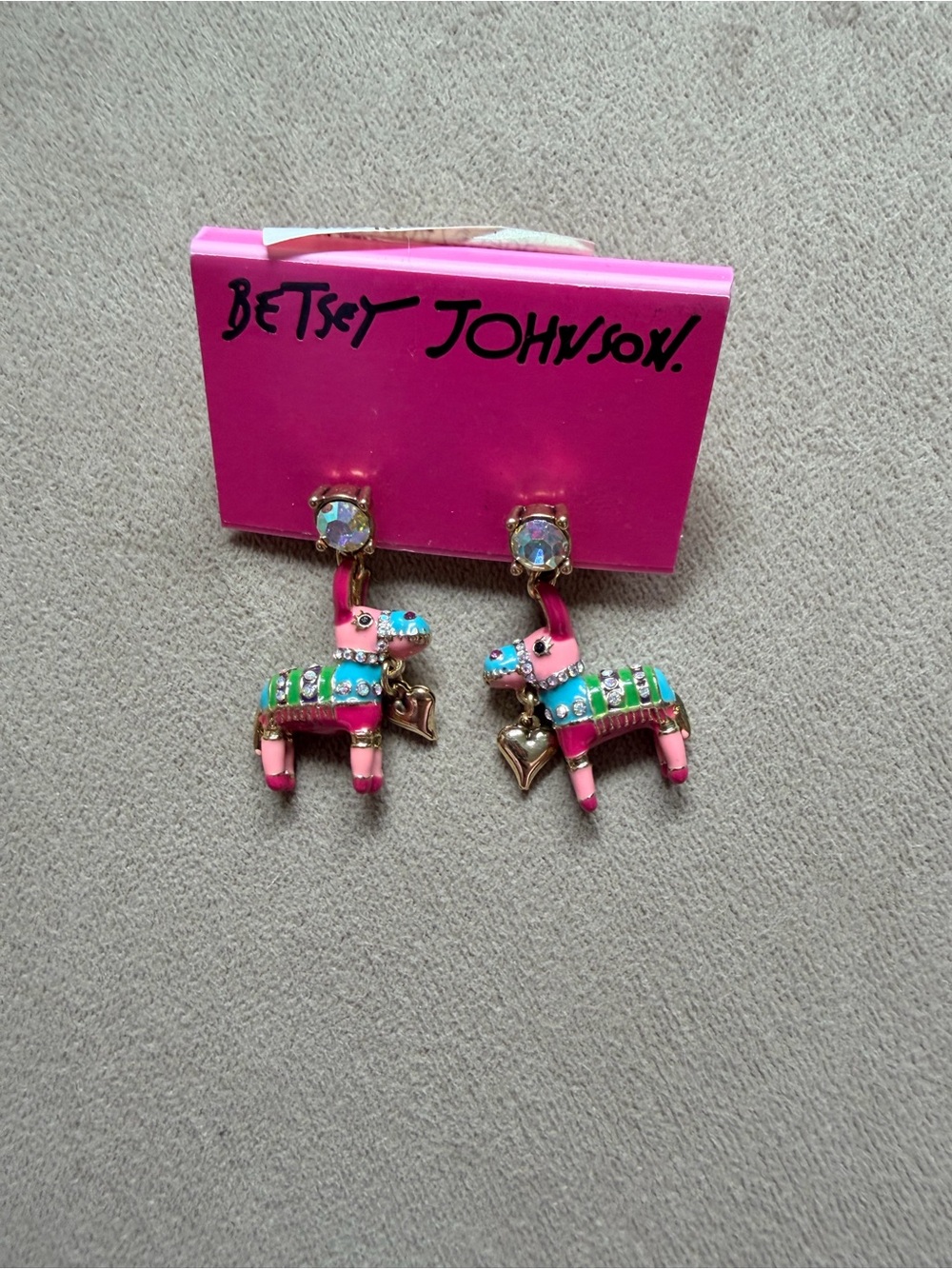 Betsey Johnson Pink Multicolor Donkey Charm Drop Earrings